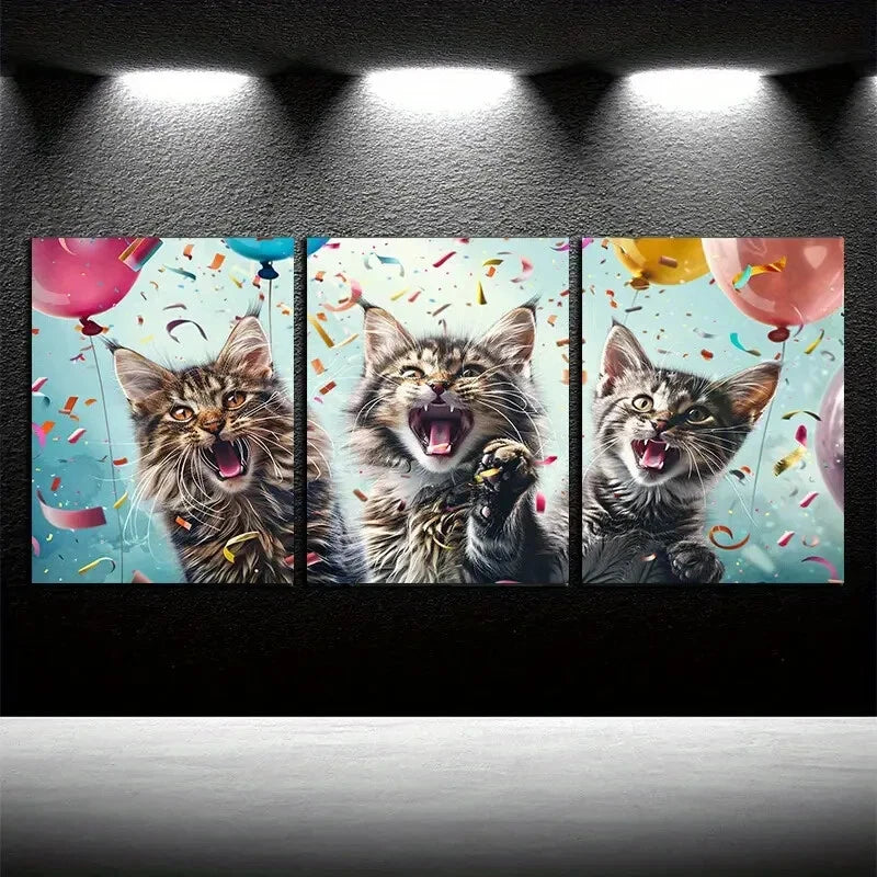 3pcs Vibrant Cat Celebration with Balloon Design Metal Print Ready to Hang Art