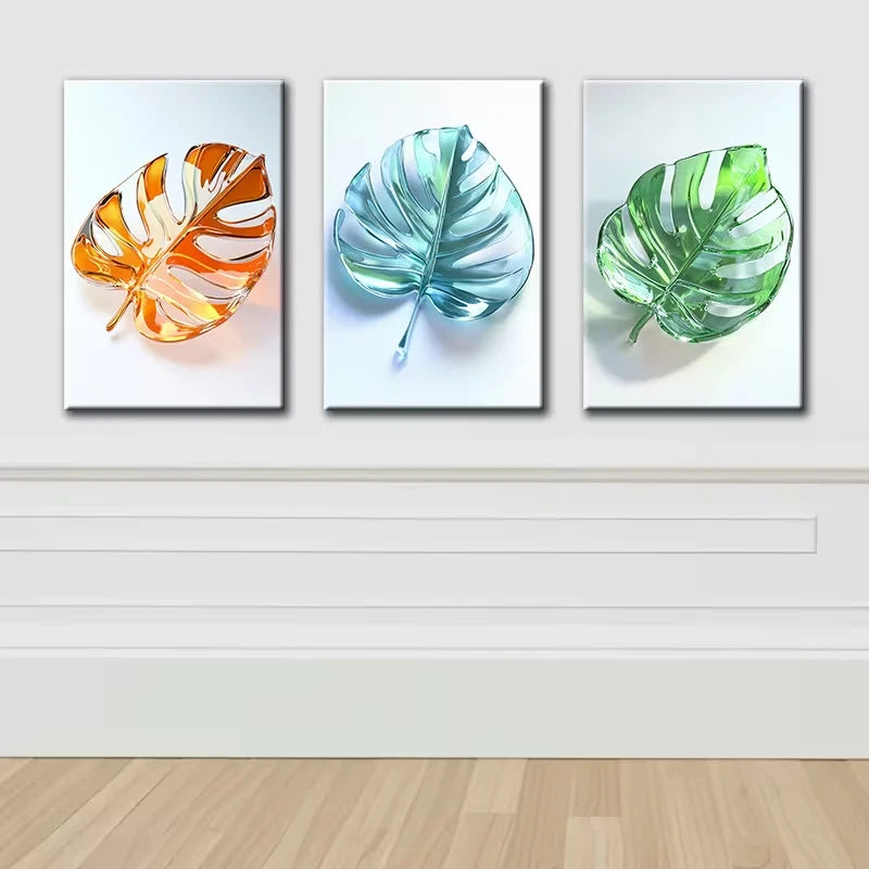 3pcs Stained Glass Leaves Design Wall Art Set Canvas Framed 50x70cm - High Quality Print 100% Australian Made Wall Canvas Ready to Hang