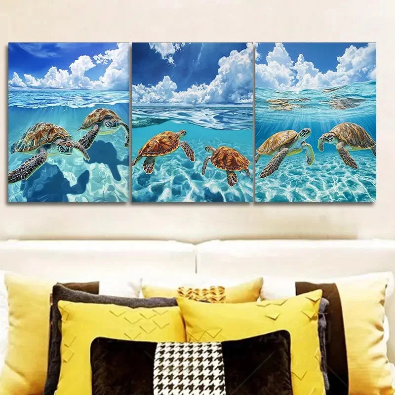 3pcs Caribbean Tropical Sea Turtle Metal Print Ready to Hang Art