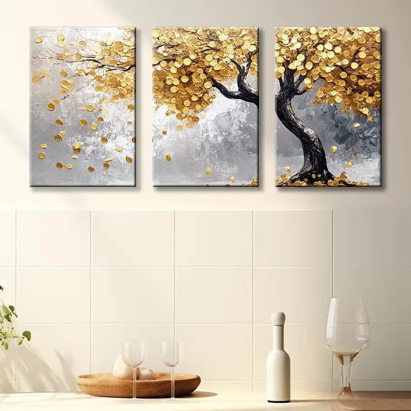3pcs Luxurious Golden Leaf Tree Illustration Wall Art Set Canvas Framed 40x60cm - High Quality Print 100% Australian Made Wall Canvas Ready to Hang