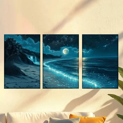 3pcs Night Beach View And Big Full Moon Wall Art Canvas Unframed - High Quality Print 100% Australian Made Wall Canvas