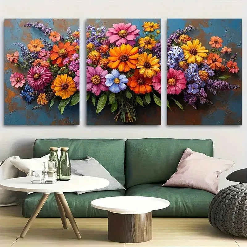 3pcs Vibrant Wildflower Bouquet Metal Print Ready to Hang Art