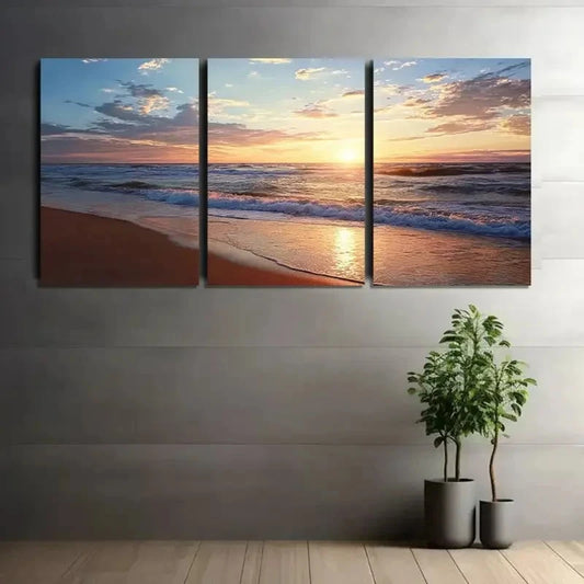3pcs Beach Sunset Scene with Golden Sand Metal Print Ready to Hang Art