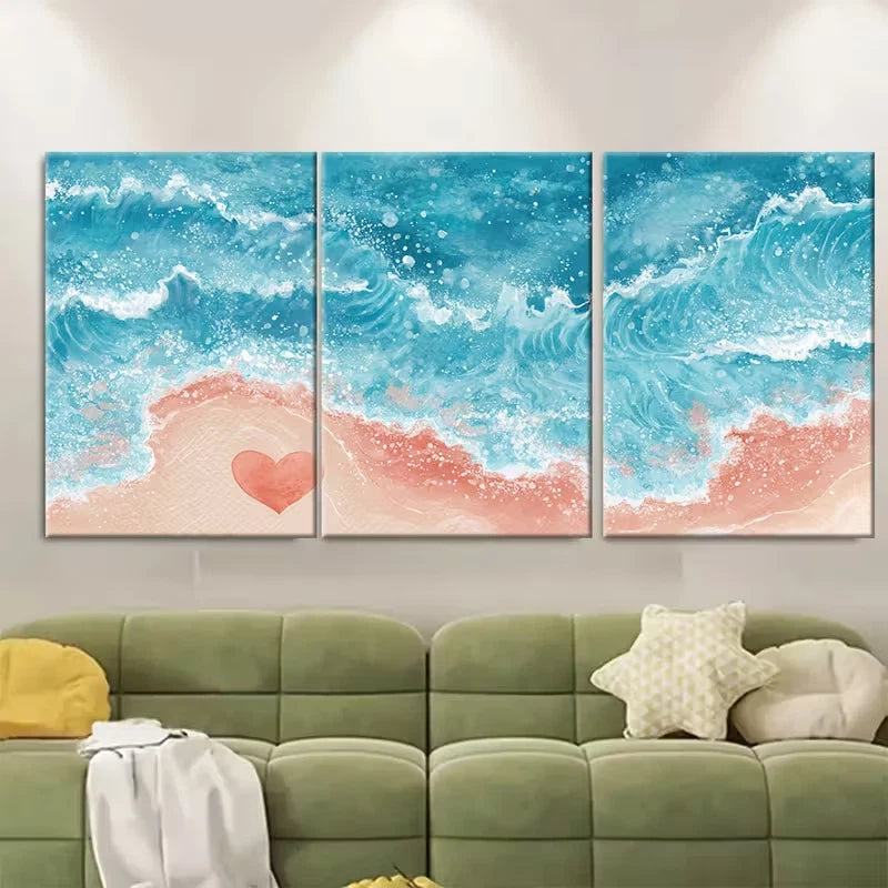3pcs Beach Scene with Heart & Ocean Waves Metal Print Ready to Hang Art