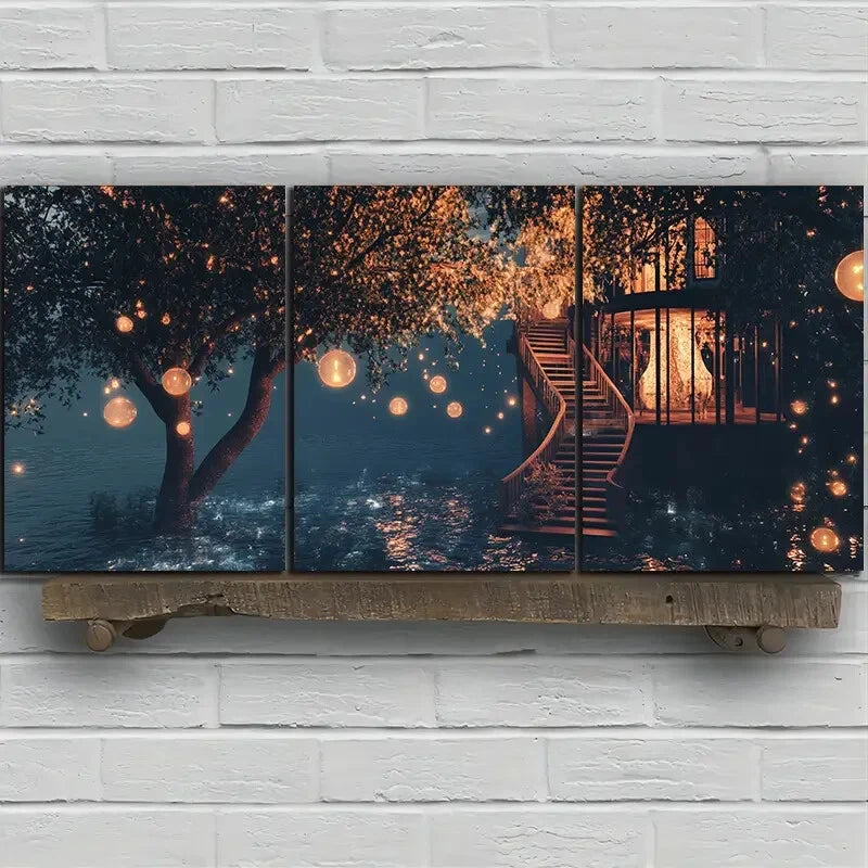 3pcs The Glass House by the River Metal Print Ready to Hang Art