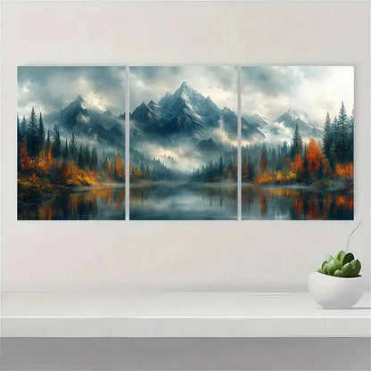 3pcs Landscape Painting with Mountains Metal Print Ready to Hang Art