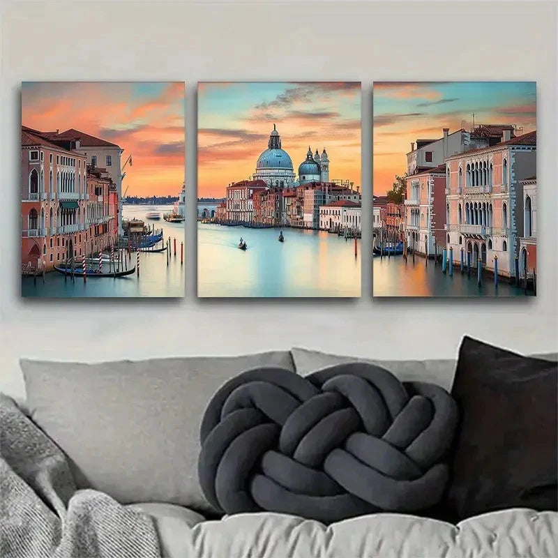 3pcs Sunset Over the Canal and Iconic Buildings Metal Print Ready to Hang Art