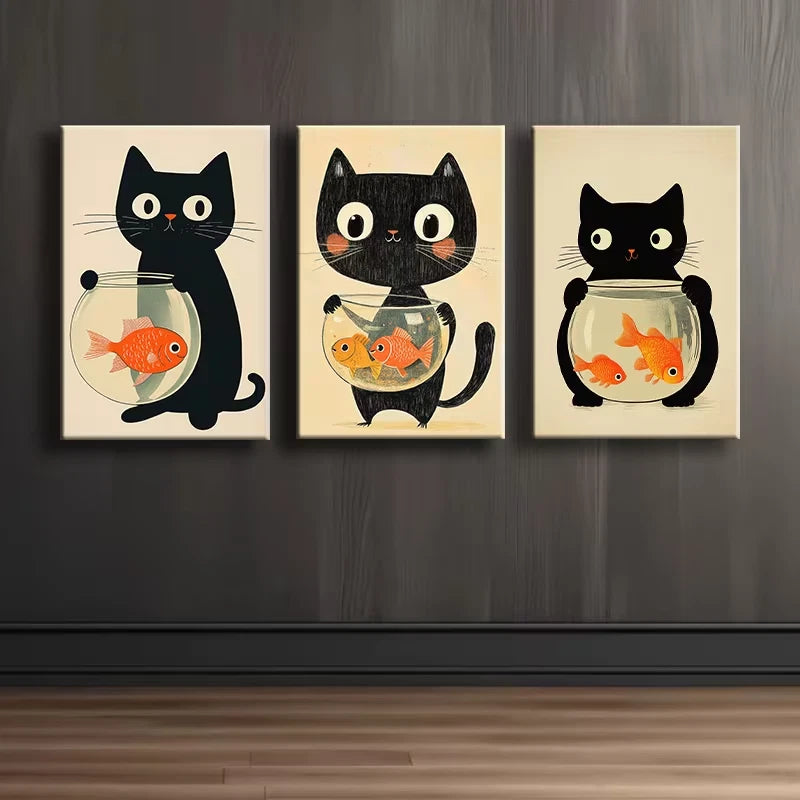 3pcs Black Cat and Fish Tank Illustration Wall Art Set Canvas Framed 50x70cm - High Quality Print 100% Australian Made Wall Canvas Ready to Hang