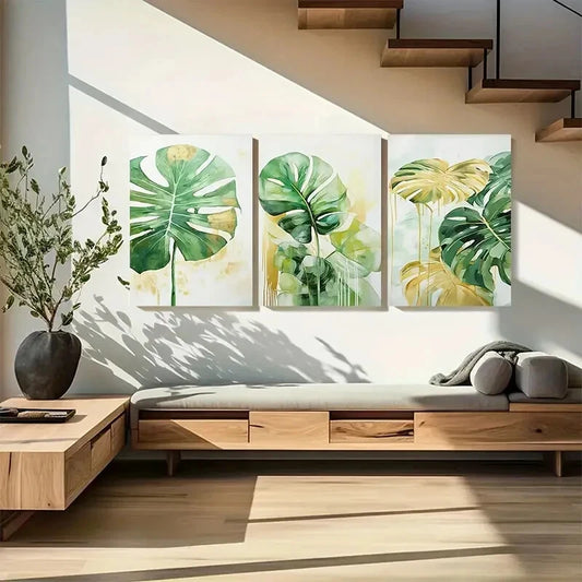 3pcs Monstera Deliciosa Sage Green Golden Boho Metal Print Ready to Hang Art