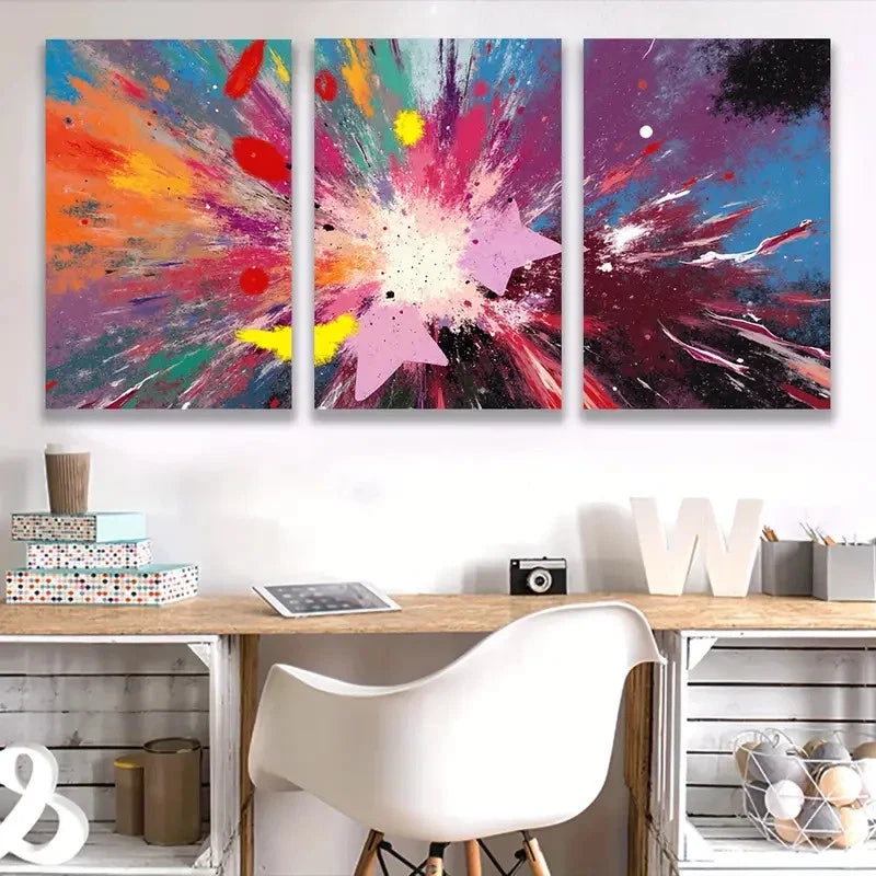 3pcs An Abstract Splatter Design Of Colors Wal1l Art Set Canvas Framed 40x60cm - High Quality Print 100% Australian Made Wall Canvas Ready to Hang