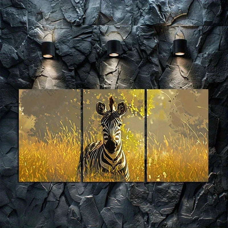 3pcs Zebra in Golden Grass Metal Print Ready to Hang Art