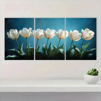 3pcs White Tulips with Dark Blue Background Metal Print Ready to Hang Art
