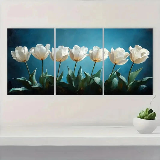 3pcs White Tulips with Dark Blue Background Metal Print Ready to Hang Art