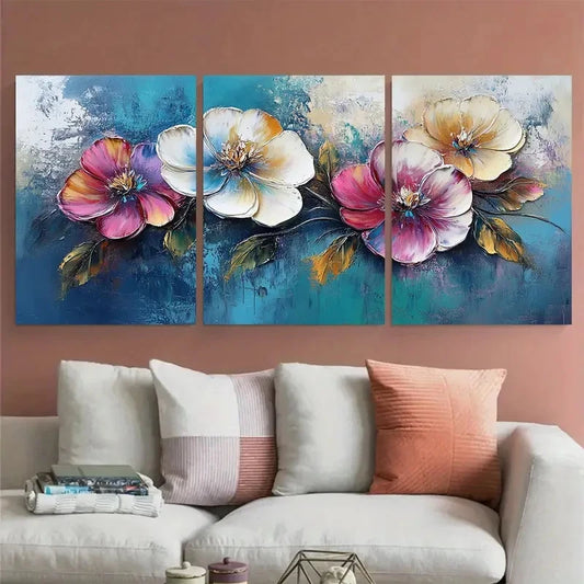 3pcs Modern Abstract Floral Impasto Illustration Wall Art Set Canvas Framed 50x70cm - High Quality Print 100% Australian Made Wall Canvas Ready to Hang