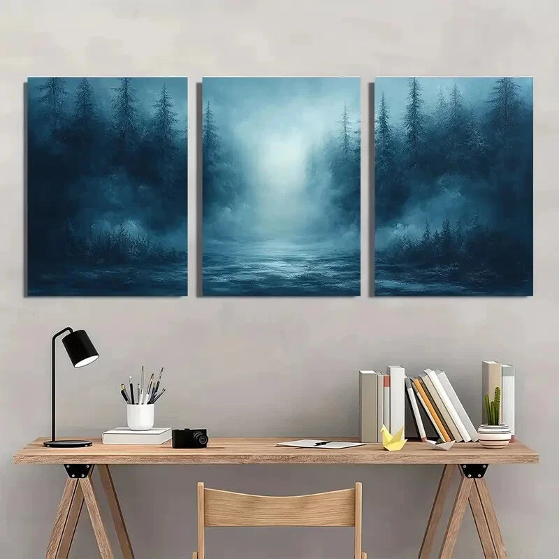 3pcs Minimalist Modern Abstract Misty Forest Metal Print Ready to Hang Art