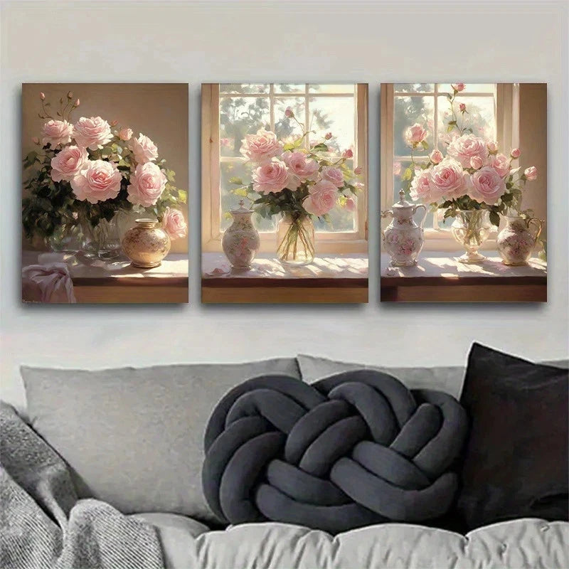 3pcs Vintage Floral Still Life Elegant Pink Roses Metal Print Ready to Hang Art