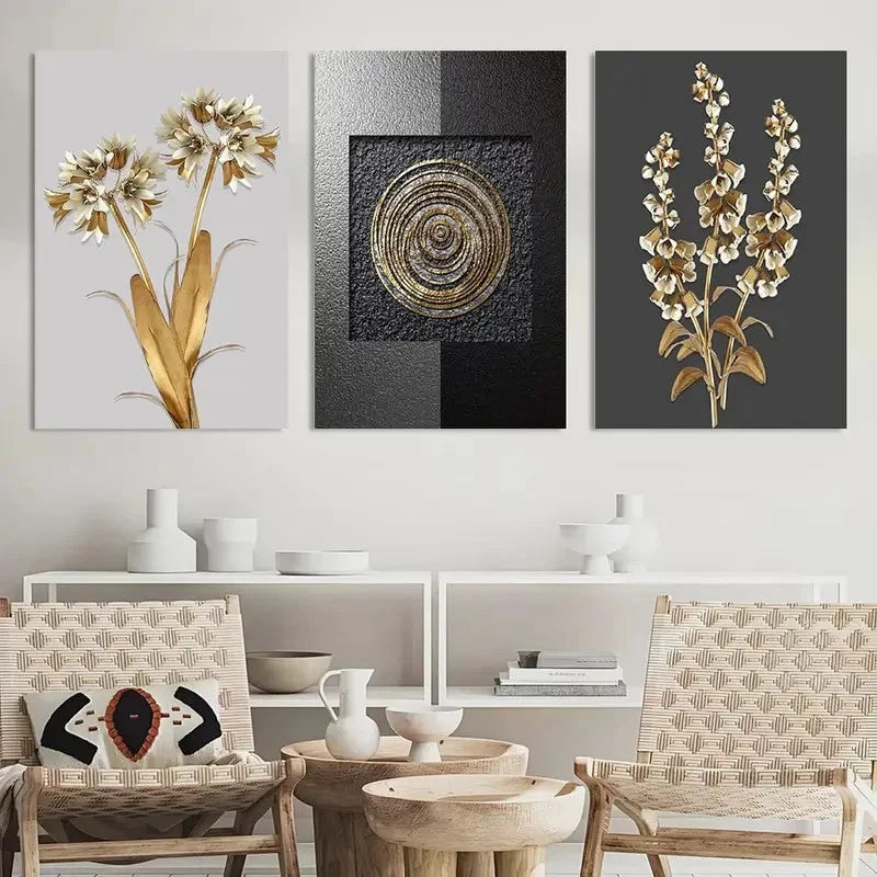 3pcs Golden Leaf & White Flower Design Metal Print Ready to Hang Art
