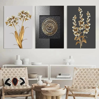 3pcs Golden Leaf & White Flower Design Metal Print Ready to Hang Art