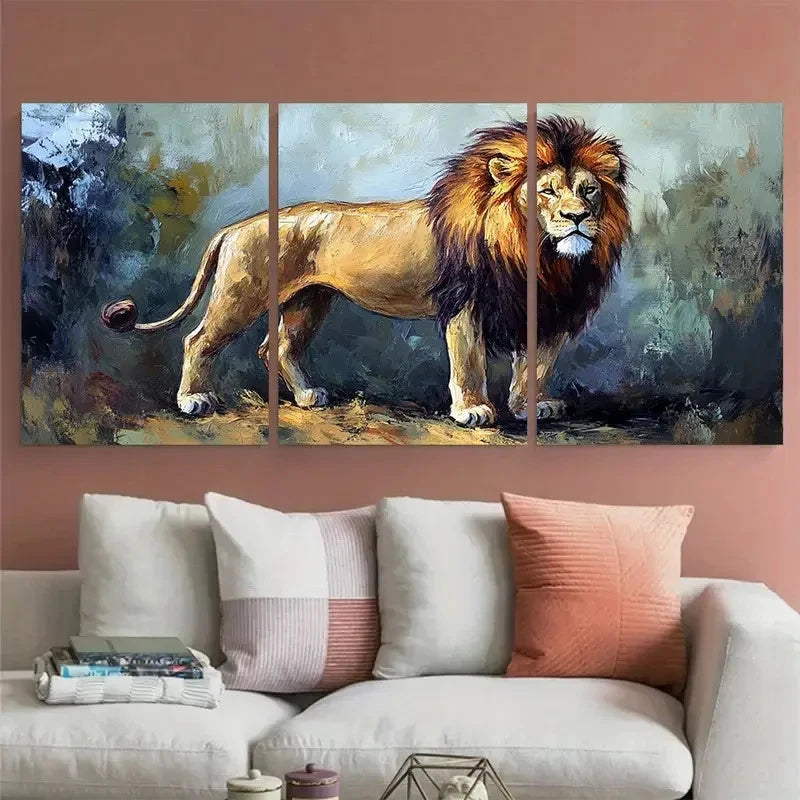 3pcs Lion Painting Animal Wild Rustic Design Metal Print Ready to Hang Art