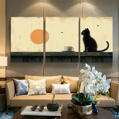 3pcs Black Cat with Coffee Illustration Metal Print Ready to Hang Art