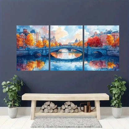 3pcs Vibrant Watercolor Cityscape with River LiffeyMetal Print Ready to Hang Art