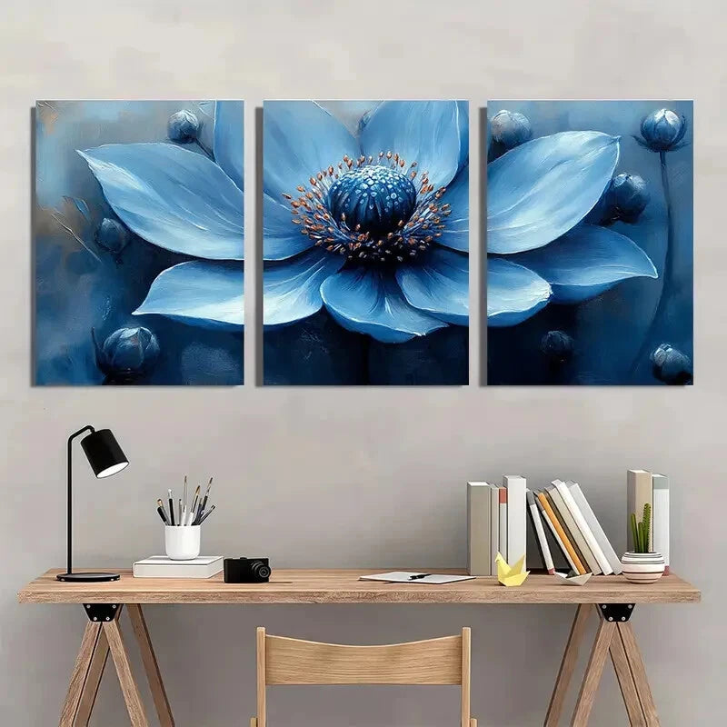 3pcs Blue Sea Holly Modern Abstract Floral Design Metal Print Ready to Hang Art