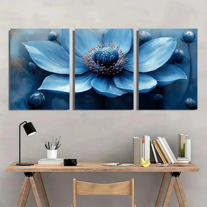 3pcs Blue Sea Holly Modern Abstract Floral Design Metal Print Ready to Hang Art