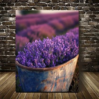 Vibrant Purple Lavender in Rustic Blue Bucket Painting 40x60cm Metal Print Ready to Hang