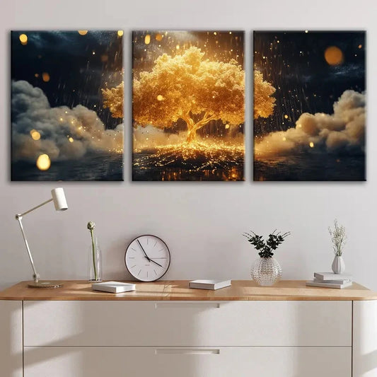 3pcs Golden Tree Fantasy Golden Tree Metal Print Ready to Hang Art
