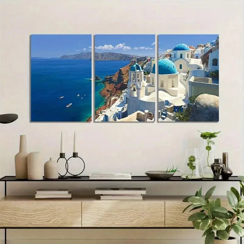 3pcs Greek Churches by Sea with Blue Domes Metal Print Ready to Hang Art