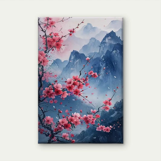 Cherry Blossoms & Misty Mountain Landscape 60x90cm Metal Print Ready to Hang