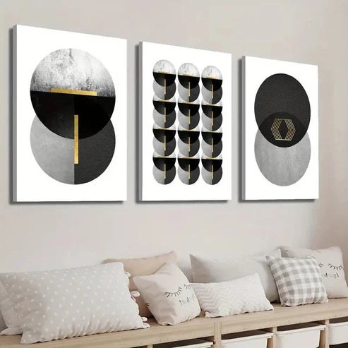 3pcs Black White Gray And Golden Shapes Wall Art Set Canvas Unframed - High Quality Print 100% Australian Made Wall Canvas