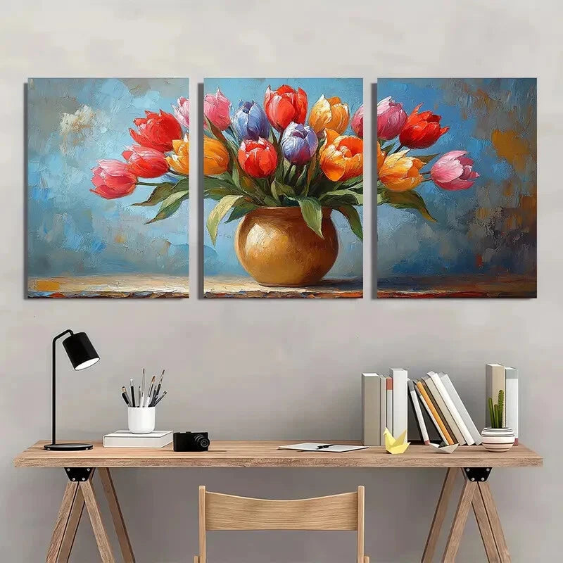 3pcs Tulips in a Vase Oil Impasto Painting Metal Print Ready to Hang Art