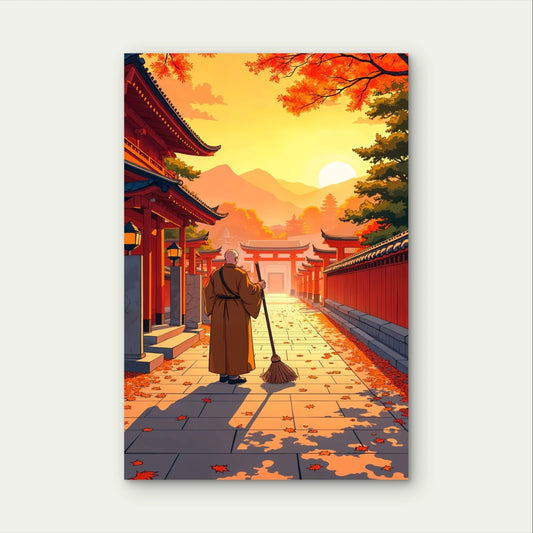 Monk Sweeping Temple Japanese Shrine 40x60cm Metal Print Ready to Hang