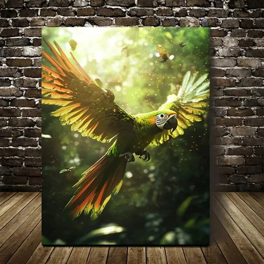 Parrot Dancing in Magical Forest Painting 40x60cm Metal Print Ready to Hang