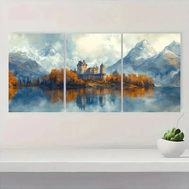 3pcs Watercolor Castle Scottish Landscape Metal Print Ready to Hang Art