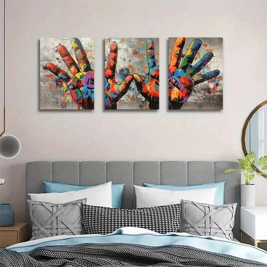 3pcs Color Handprint Abstract Graffiti Perfect Wall Art Set Canvas Framed 40x60cm - High Quality Print 100% Australian Made Wall Canvas Ready to Hang