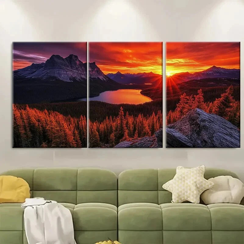 3pcs Forest and Lake at Sunset Beautiful Nature Metal Print Ready to Hang Art