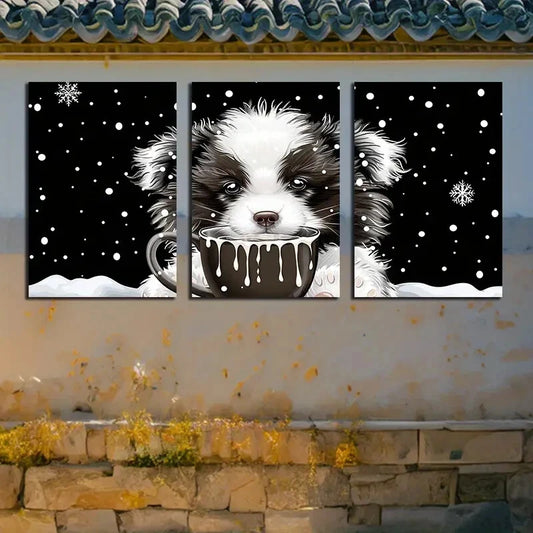 3pcs Cute Puppy with Chocolate and Milk Metal Print Ready to Hang Art