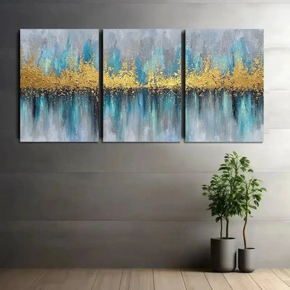 3pcs Golden Glow Blue & Turquoise Abstract Metal Print Ready to Hang Art