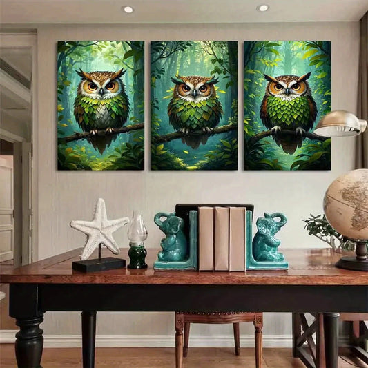 3pcs Whimsical Owl in Forest Green Owl Metal Print Ready to Hang Art