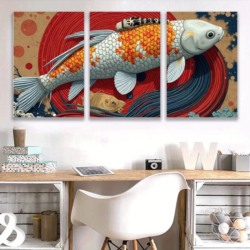 3pcs Vibrant Koi Fish Colorful Abstract Wall Art Set Canvas Framed 40x60cm - High Quality Print 100% Australian Made Wall Canvas Ready to Hang
