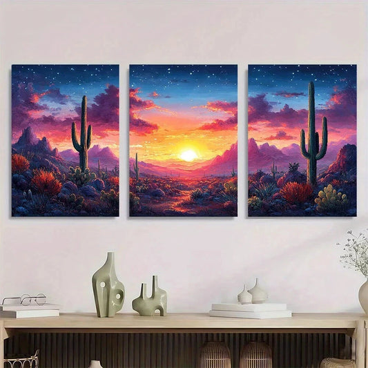 3pcs Vibrant Desert Sunset Cactus Colorful Metal Print Ready to Hang Art