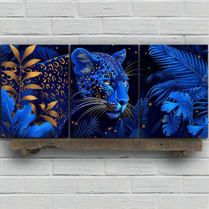 3pcs Leopard Surrounded by Blue Flowers And Golden Metal Print Ready to Hang Art