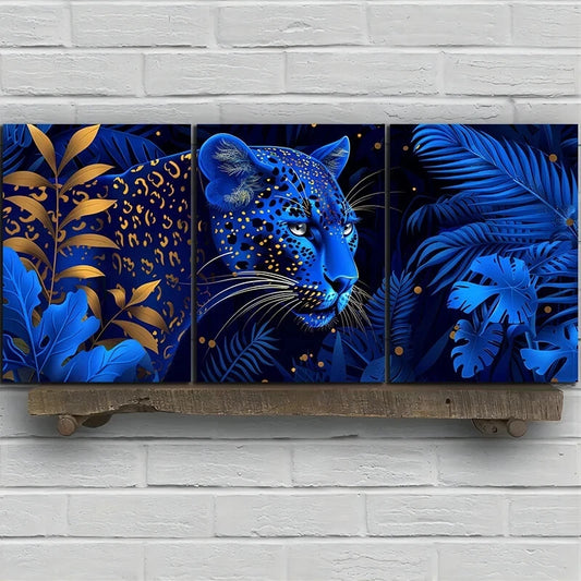 3pcs Leopard Surrounded by Blue Flowers And Golden Metal Print Ready to Hang Art