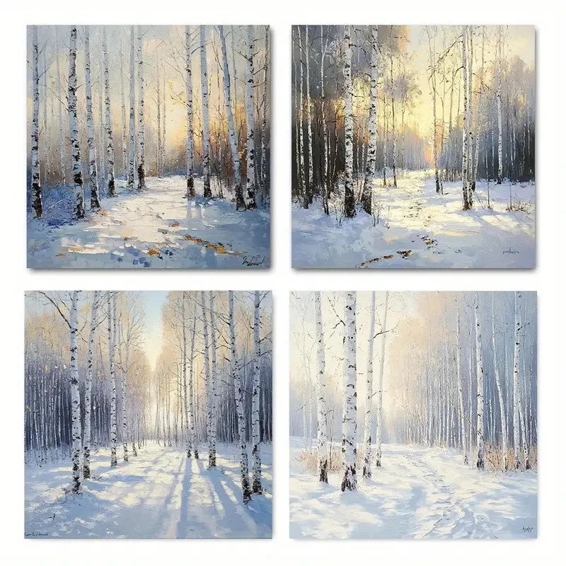 4pcs Sunrise Birch Tree Forest Scenery Wall Art Canvas Framed