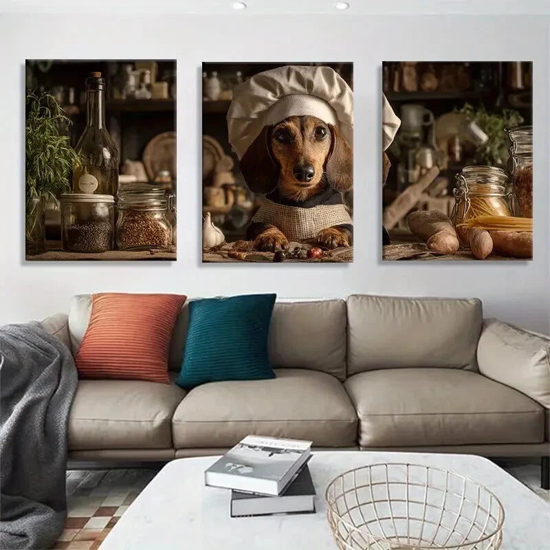 3pcs Funny Dog Chef Cute Animal Cooking Theme Metal Print Ready to Hang Art