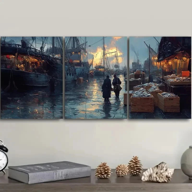 3pcs Depicting a Lively Harbor Scene Painting Metal Print Ready to Hang Art