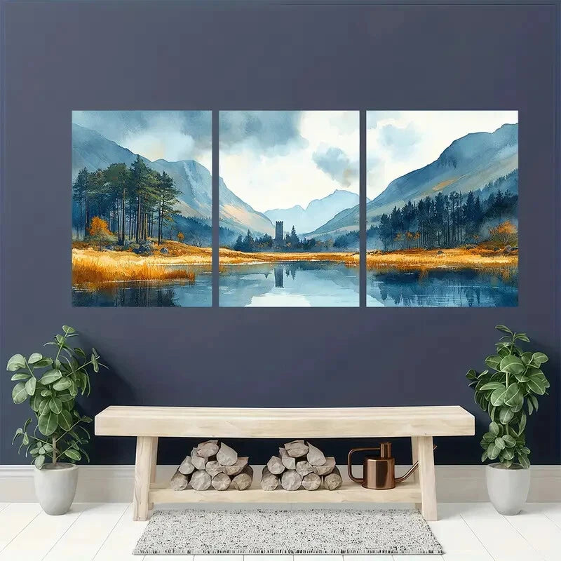 3pcs Wicklow Mountains Landscape Watercolor Art Metal Print Ready to Hang Art