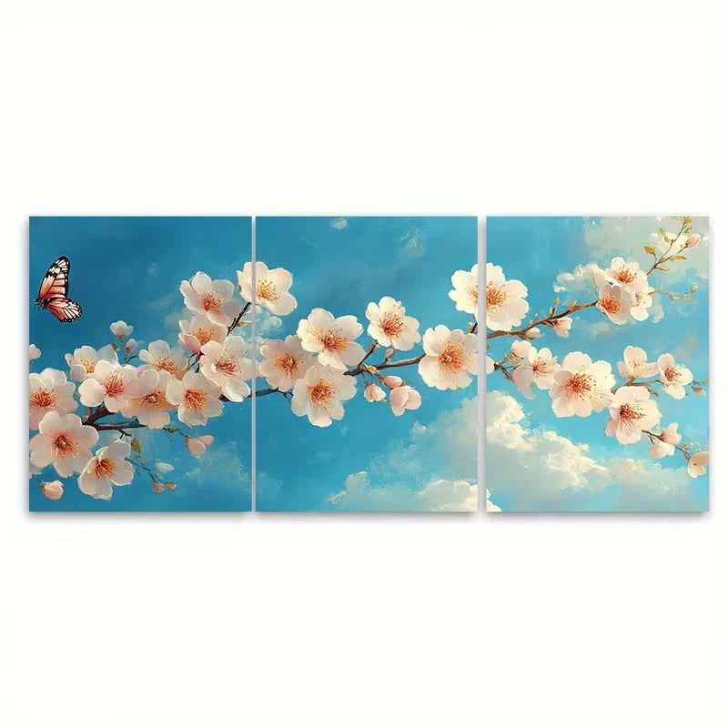 3pcs Soft Blue Sky with Butterfly White Blossoms Metal Print Ready to Hang Art